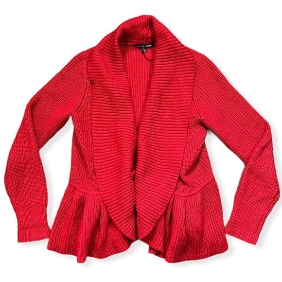 Cable & Gauge Cherry Red Thick Knit Ruffle Sweater sz M - Picture 2 of 14